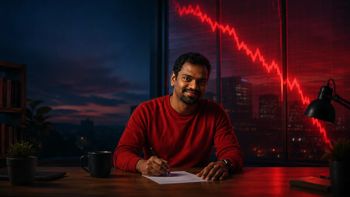 Man in a red sweater calmly signing his own pay cut letter at a desk while a red stock market crash chart falls in the window behind him